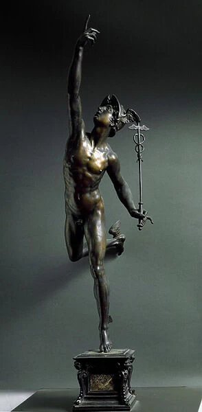 Mercury holding a caduceus and wearing a helmet and sandals. 1580 (bronze sculpture)