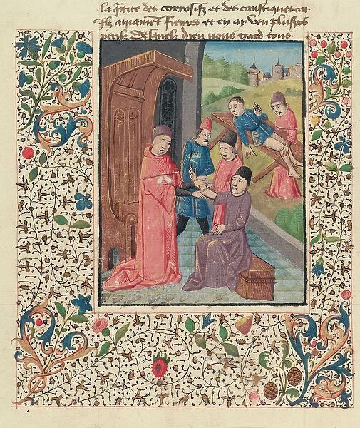 Ms Fr 396 fol. 80v A doctor treating fractures, from La Grande Chirurgie