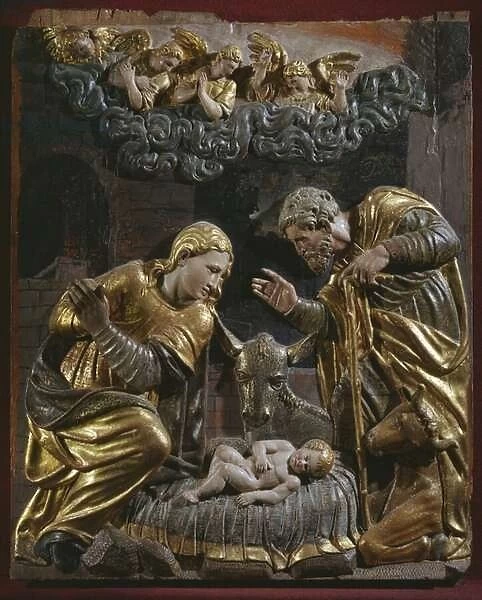 Nativity, detail of a Renaissance altarpiece (painted and gilded wood)