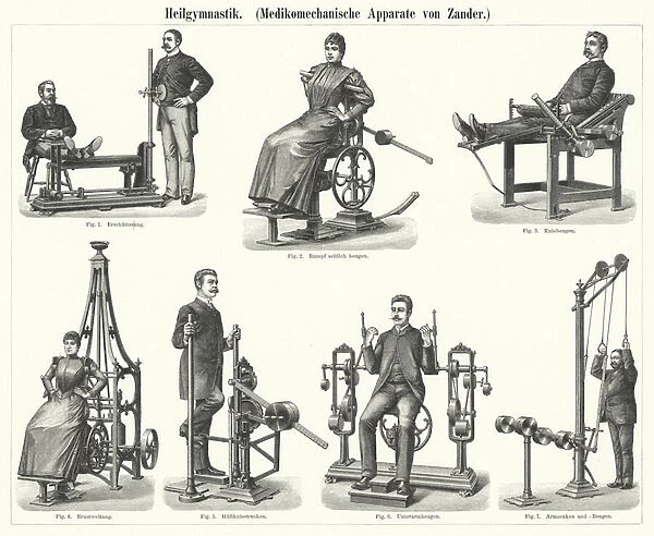 Physiotherapy: mechanotherapy apparatus invented by Swedish physician and orthopedist Gustav Zander (engraving)
