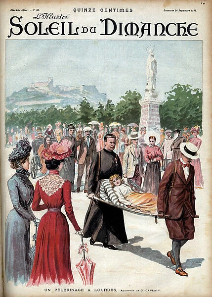 A pilgrimage to Lourdes. A disabled child is taken into a stretcher in Lourdes waiting for a miraculous war. From a Caplain watercolour. Engraving in 'Le sun-du-dimanche', September 24, 1899