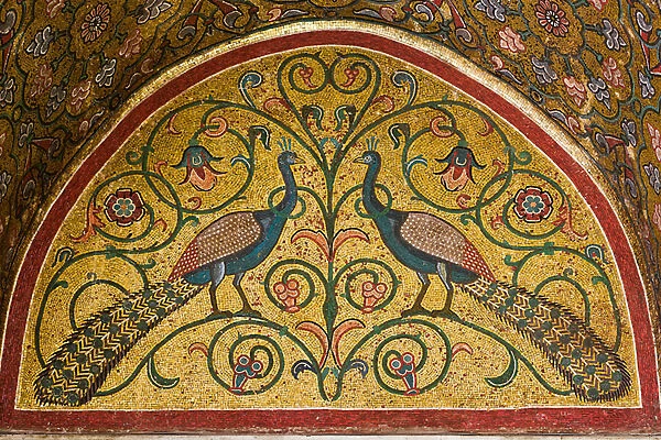 Pisana Tower, the King Roger Room, detail of a lunette with peacocks