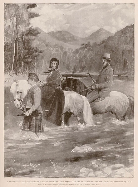 Queen Victorias early married life: fording the River Garry on horseback with Albert Prince Consort, Scotland, 25 September 1841 (photogravure)