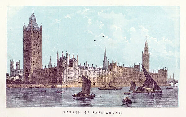 River Thames: Houses of Parliament (coloured engraving)