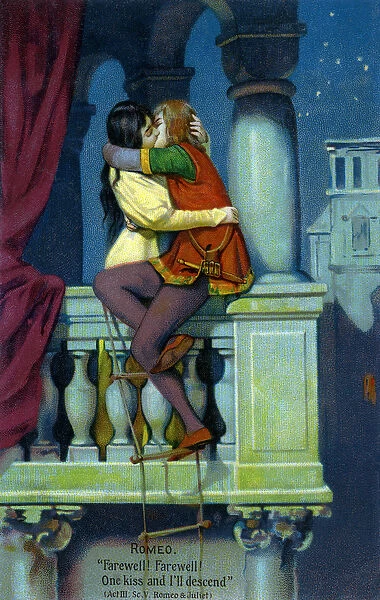 Romeo and Juliet Kissing Passionately on a Balcony, 1926 (colour litho)