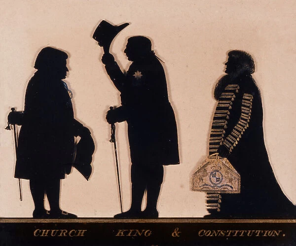 Silhouette entitled Church, King and Constitution, c. 1793 (glass)