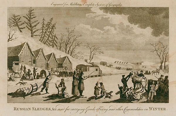 Transporting people and goods by sledge in winter, Russia (engraving)