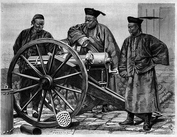View of Chinese gunners looking at a machine gun in the 1870s. Engraving from a drawing by Bassot, from a photograph by Thomson, in 'Le Tour du Monde, Nouveau journal des Voyages', edited by Edouard Charton, Paris, 1876