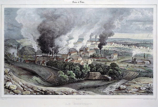 View of the Foundry and crystallerie du Creusot circa 1820-1830, 19th century (engraving)