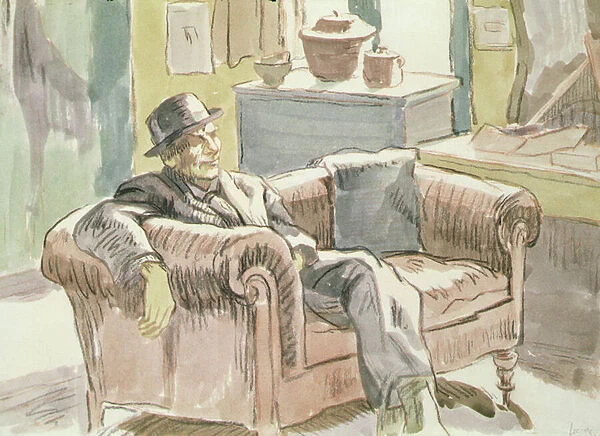 Walter Sickert seated on a sofa, c. 1927 (black chalk & w / c on paper)