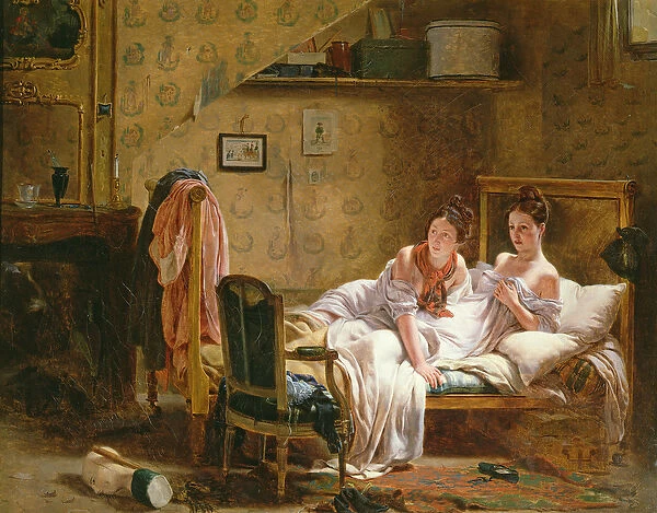 Two Women in a Bed disturbed by a Cat (oil on board)