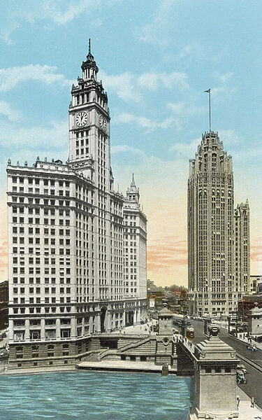 Wrigley Building and Tribune Tower (coloured photo)