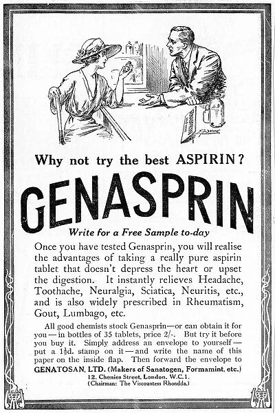 Advertisement for Genasprin, a proprietary brand of the drug Aspirin. 1919