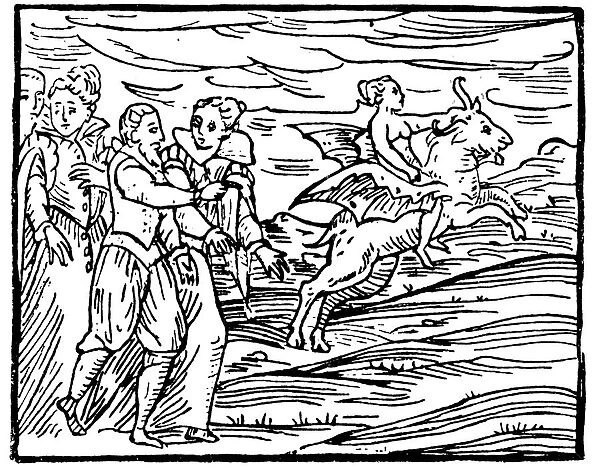 The Devil, in the form of a flying goat, carrying a witch to the Sabbath, 1608