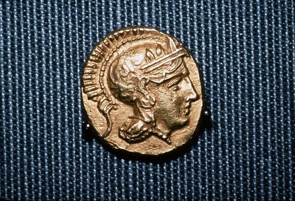 Head of Athena on a coin struck by Lachares during his attempt at coup, 300BC-295 BC