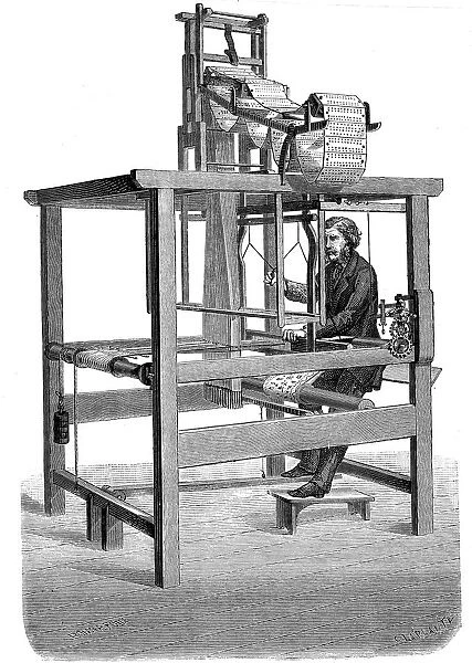 Jacquard loom, with swags of punched cards from which pattern was woven, 1876