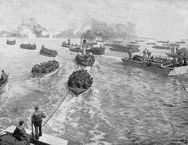 Japanese naval brigade landing under fire at Pitsewo, Russo-Japanese War, 1904-5