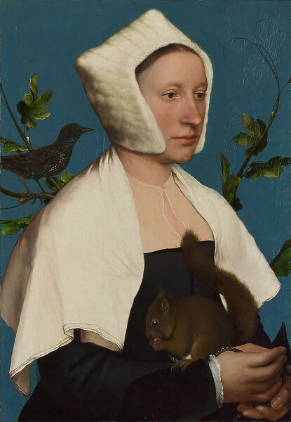 A Lady with a Squirrel and a Starling (Anne Lovell?), c. 1527. Artist: Holbein, Hans, the Younger (1497-1543)