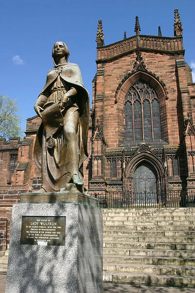 Lady Wulfrun statue and St Peters Church, Wolverhampton, West Midlands