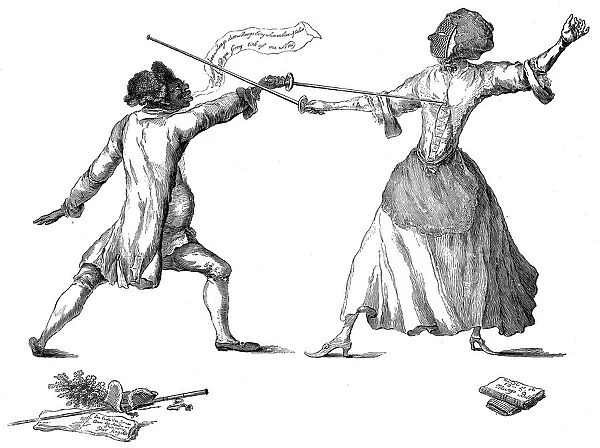 Mlle la Chevaliere d Eon de Beaumont fencing at Carlton House, 9th April 1787