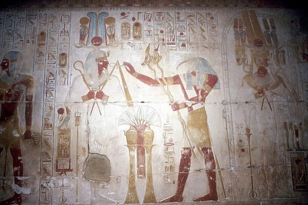 Painted relief of the Pharaoh before Thoth (Ibis-headed god), Temple of Sethos I, Egypt, c1280 BC