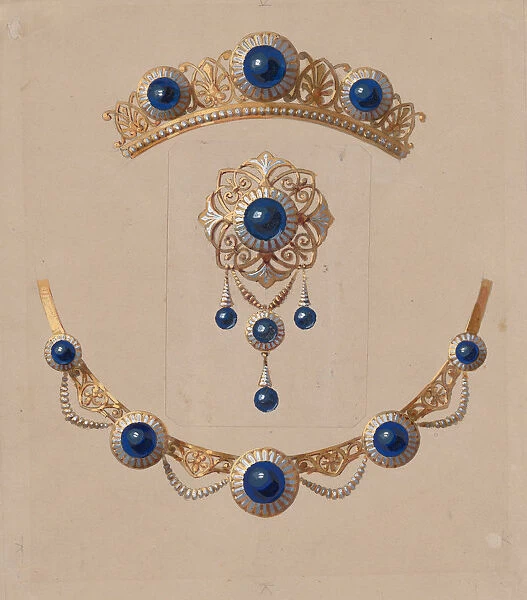 Parure of diadem, brooch and necklace with lapis lazuli and enamel, ca. 1830-70
