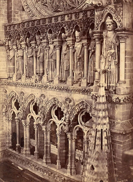 Pointed Arches, Sculptural Saints, and Rose Window on Unidentified Cathedral, 1880s