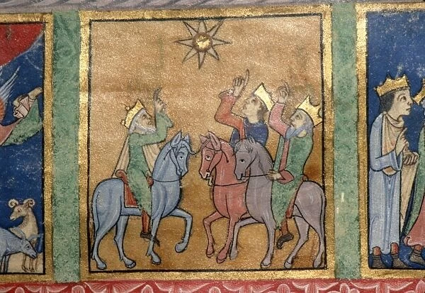 Detail of a Psalter: the Magi follow the Star, c1140