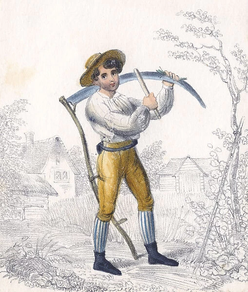 Reaper  /  haymaker sharpening his scythe with a whetstone, 19th century