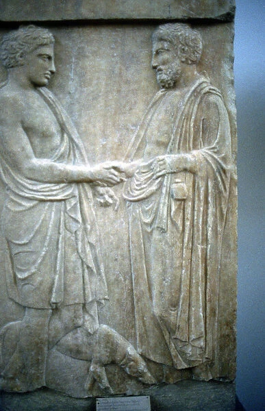 Relief showing an Athenian youth greeting older man, 5th century BC