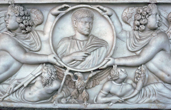 Detail of a Roman sarcophagus of a young man