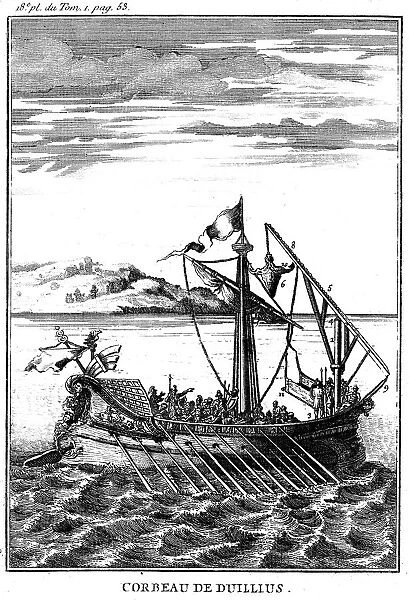 Roman war galley equipped with a corvus (right), 18th century