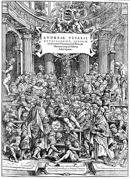 Title page of Andreas Vesalius De Humani Corporis Fabrica, showing Vesalius dissecting body, 1543. Artist: Andreas Vesalius