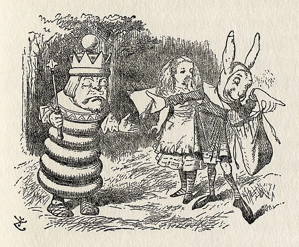 Alice with the White King and Haigha. Illustration by Sir John Tenniel, (1820 - 1914). From the book Through the Looking Glass and What Alice Found There, by Lewis Carroll, published London, 1912