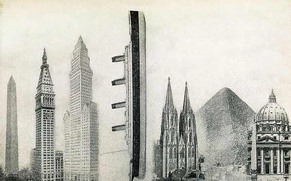 Diagram Showing Comparative Size Of Rms Titanic With World Landmarks. From Left: Washington Monument At 555 Feet, Metropolitan Tower New York At 700 Feet, New Woolworth Building New York At 750 Feet, Titanic Triple Screw Steamer At 882 And A