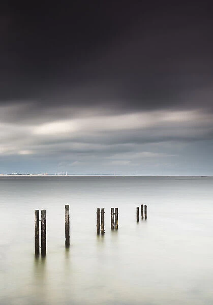 Wooden posts in a row in the shallow water along the coast with a view of a city in the distance under dark storm clouds; St. marys bay northumberland england