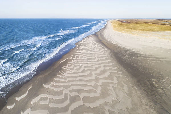 Aerial view of North Sea beach with dunes near the Slufter valley, Texel, Noord-Holland