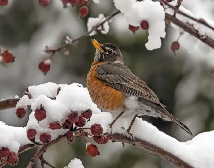 Framed Print : American Robin (Turdus migratorius) perched on a snowy branch, Saskatchewan, Canada Framed Print : American Robin (Turdus migratorius) perched on a snowy branch, Saskatchewan, Canada
