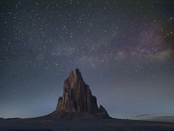 Rock formation at night, remnant basalt core of extinct volcano, Ship Rock, New Mexico