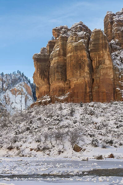 Sandstone formation in winter, Virgin River, Zion National Park, Utah