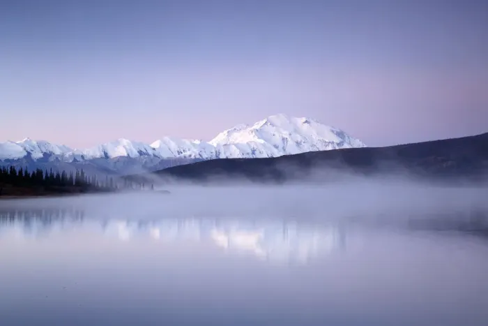 Framed Print : Scenic view of Mount Denali and the Alaska Range while morning mist rises from Wonder Lake Framed Print : Scenic view of Mount Denali and the Alaska Range while morning mist rises from Wonder Lake