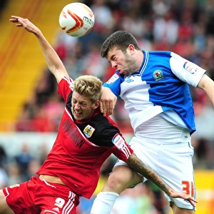 Bristol City vs Blackburn Rovers: Intense Aerial Battle Between Jon Stead and Grant Hanley