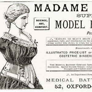 Advert for Madame Le Beaus supporting figure belt 1886