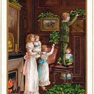 Mother and four children on a Christmas card