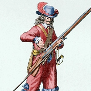 Musketeer of the Infantry of Louis XIV filling the musket s
