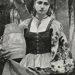 Spain. Asturias. Girl with traditional costume. Engraving