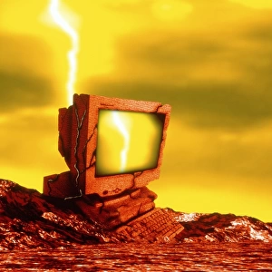 Computer artwork of broken computer in wasteland