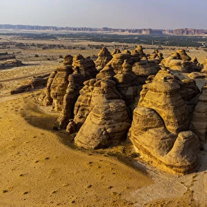 Aerial of beautiful rock formations in the Madain Saleh (Hegra) (Al Hijr), Al Ula