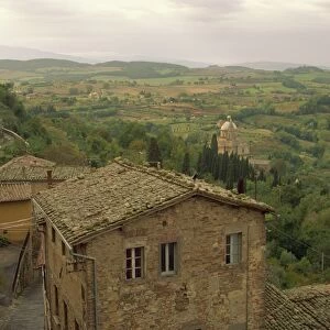 Aerial view over small town and countryside of Tuscany