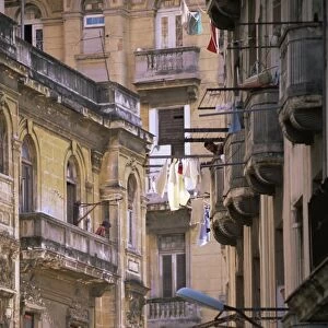 Apartment buildings with laundry hanging from balconies, Havana, Cuba, West Indies